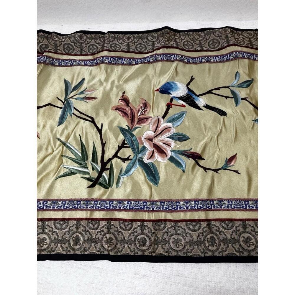 Vintage Dun Huang Chinese Silk Embroidery Bird & Flowers Wall Hanging 12x24 - Picture 5 of 9